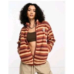 Wrangler Retro Sherpa Jacket Coat Womens M Beige Maroon Stripe Full Zip Thick
